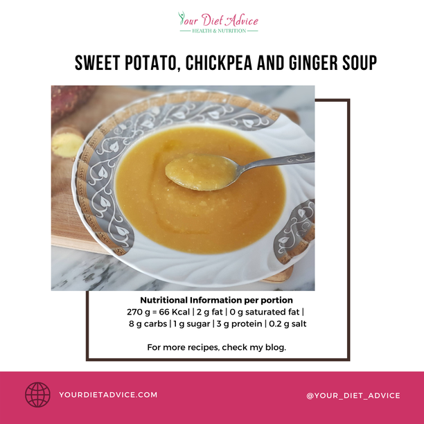 Sweet potato, chickpea and ginger soup.