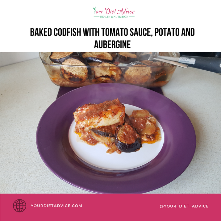 Baked codfish with tomato sauce, potato and aubergine
