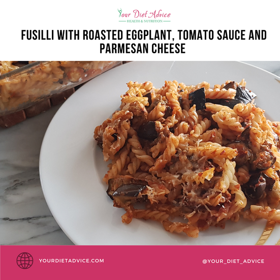 Fusilli with roasted aubergine, tomato sauce and parmesan cheese
