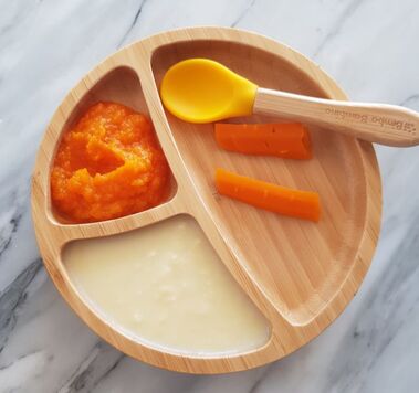 Carrot puree, carrot fingers and mashed potato with breast milk.