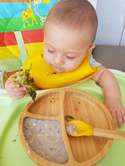 Baby eating broccoli.